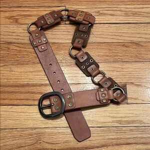 Lucky Brand Beautiful Chestnut Brown Leather Belt with Gold Metal Chain Accents